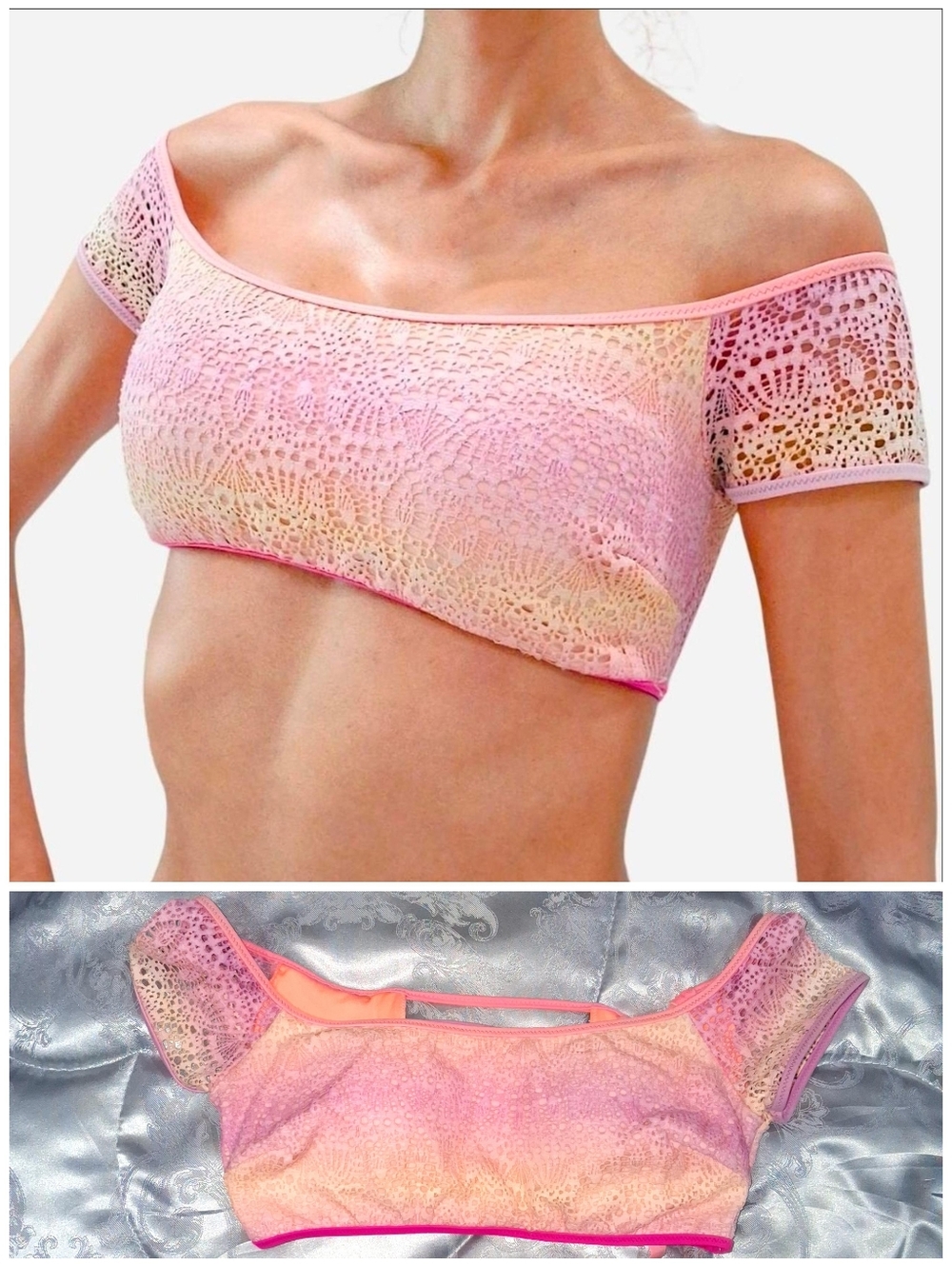 Victoria's Secret Lace Pink Yellow Ombre Swim Bikini Crop Top Off The Shoulder S